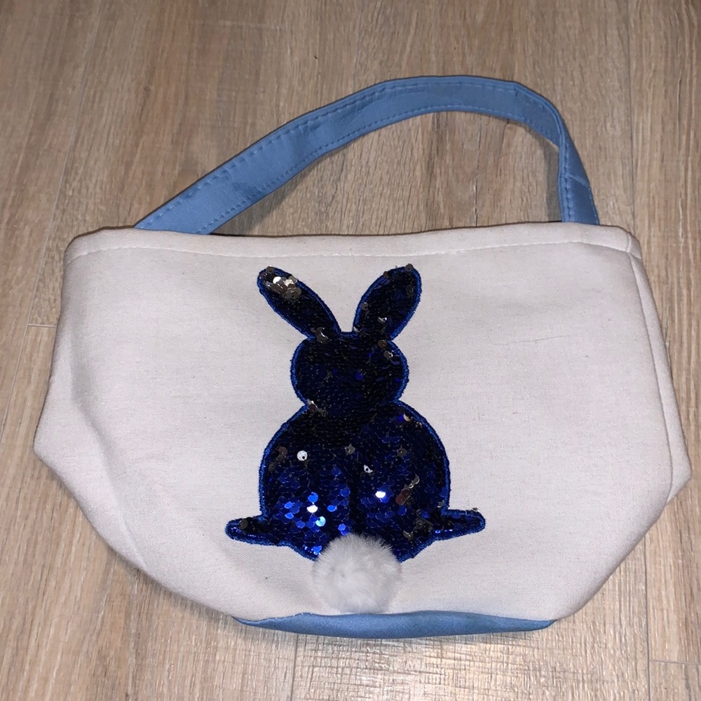 White blue sequined Easter bunny rabbit puff tail Handbag